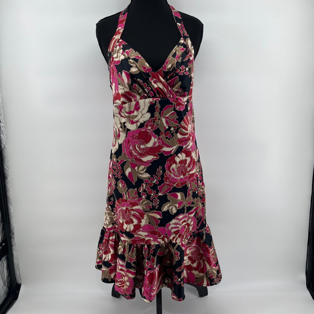 GUESS Y2K Floral Satin Halter Midi Dress Pink Black Ruffle V Neck Size 9‎